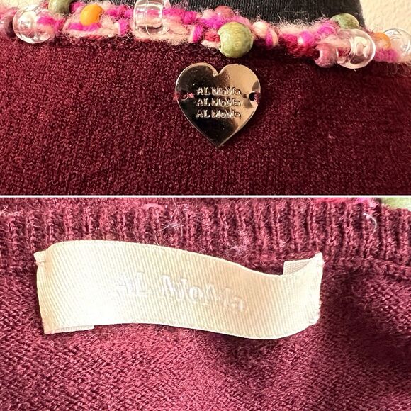 Vintage Italian Wool Cardigan Sweater Medium Burgundy Beaded Trim Flower Brooch - Picture 6 of 6